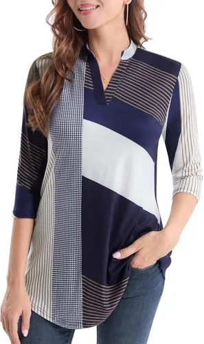 Vista 3 de Baishenggt - Blusa para mujer, con manga34, estampado floral, cuello en V con muesca, tipo túnica