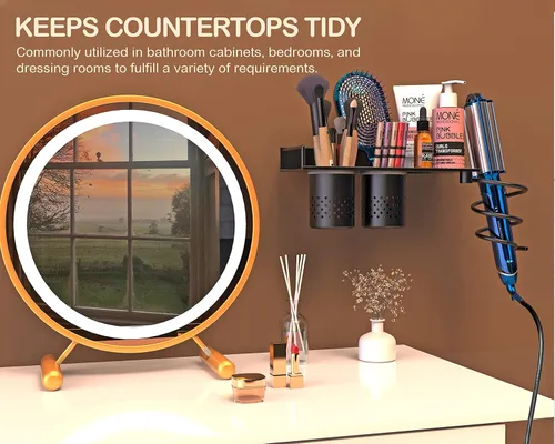 Vista 4 de MyLifeUNIT Soporte para secador de pelo, organizador de secadora de pelo montado en la pared con 2 tazas, estante de herramientas de peinado de baño