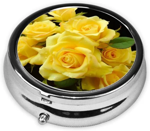 Vista 2 de Yellow Rose Print Round Pill Box 3 Compartment Medicine Pill Case Portable Pill Container for Daily Medicine Supplement Vitamin