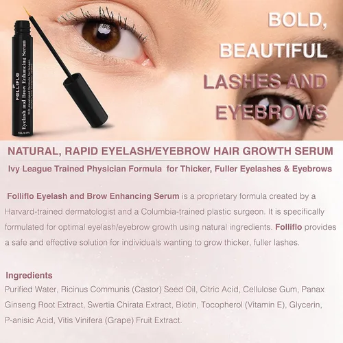 Vista 6 de Folliflo Suero acondicionador de pestañas y cejas con aceite de ricino y Panax Ginseng, cuidado diario ligero para pestañas y cejas de aspecto más