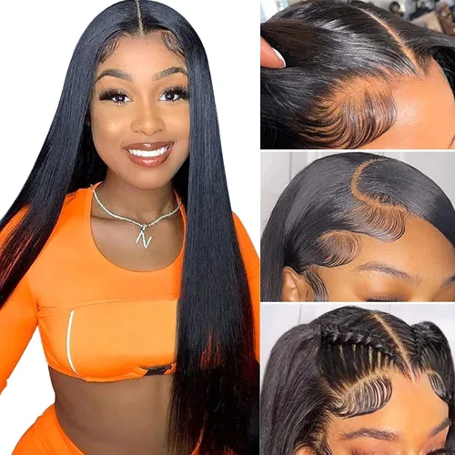 Vista 23 de mengkai Pelucas de cabello humano de 32 pulgadas con encaje frontal de 13x6, cabello humano predesplumado liso, peluca frontal de encaje HD