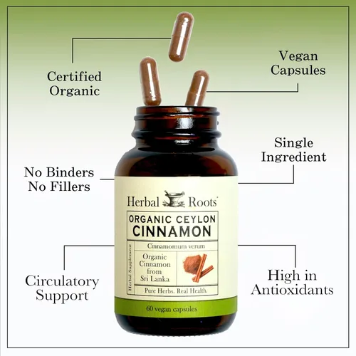 Vista 4 de Herbal Roots Cápsulas orgánicas de canela de Ceilán Certificado USDA Orgánico - Sin OMG 60 cápsulas veganas orgánicas