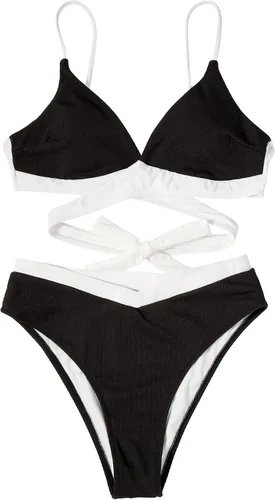 Vista 3 de MOOSLOVER Conjunto de bikini cruzado acanalado para mujer, traje de baño de dos piezas de cintura alta