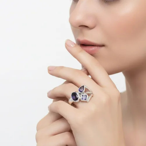 Vista 5 de 55Carat Anillo de iolita de plata con forma mixta de piedras preciosas naturales para mujer, talla 5, 6, 7, 8, 9, 10, 11, 12, 13 de EE. UU