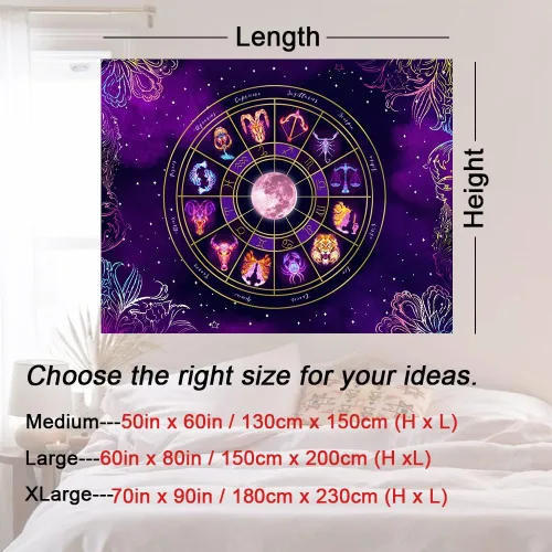 Vista 7 de Tapiz de luz negra del zodiaco – Reactivo UV que brilla en la oscuridad constelación brujería colgante de pared para dormitorio
