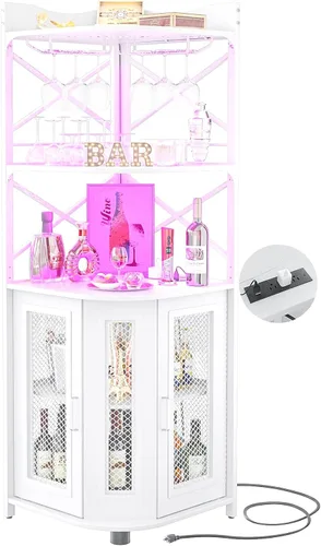 Vista 11 de Aheaplus Gabinete Bar de Esquina con Toma de Corriente, Gabinete de Vino Industrial con Tira LED y Portavasos, Gabinetes de Licores de 5 Niveles