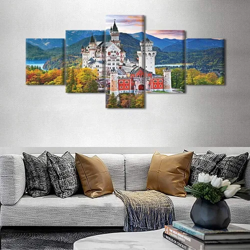 Vista 3 de TUMOVO 5 piezas de arte en lienzo para pared, hermoso castillo de piedra de cisne con paisajes naturales de selva al atardecer, paisajes naturales