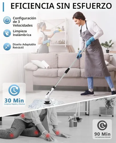 Vista 2 de Limpiador eléctrico giratorio inalámbrico – 3 velocidades recargable, mango ajustable y desmontable, cabezales de cepillo 9 en 1, cepillos