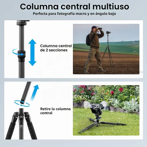 Vista 7 de SIRUI Trípode de viaje de fibra de carbono - Trípode compacto ligero de 55.1 pulgadas con cabezal de bola panorámica de 360°, placa de liberación