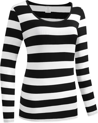 Vista 3 de Formeet17 Camiseta de manga larga a rayas para mujer, camiseta casual con cuello redondo