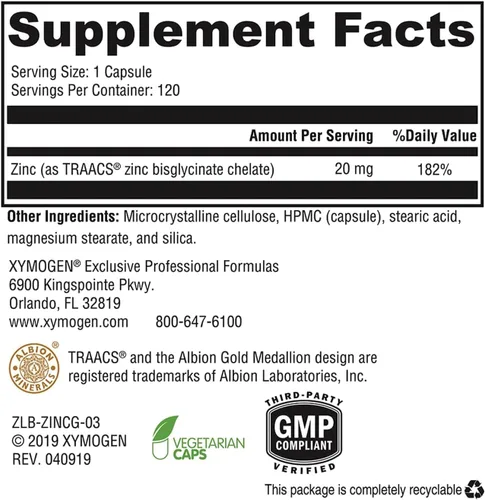 Vista 2 de XYMOGEN Glicinato de zinc - Suplemento de zinc altamente absorbente de 20 mg - Apoya el sistema inmunológico y el bienestar de todo el cuerpo