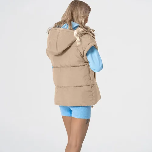 Vista 40 de Shiyifa Chaleco acolchado para mujer, chaqueta de gran tamaño, sin mangas, ligera, con cremallera, con capucha desmontable