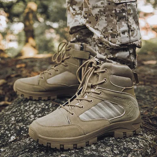 Vista 5 de Botas tácticas de senderismo para hombre, botas de combate ligeras, con cremallera lateral, botas militares duraderas para exteriores