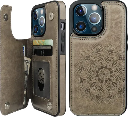 Vista 9 de Vaburs Funda compatible con iPhone 13 Pro con tarjetero y diseño de mandala en relieve, de piel sintética, doble botones, a prueba de golpes