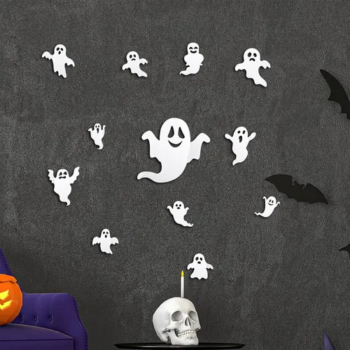 Vista 5 de 24 calcomanías 3D para decoración de pared de fantasmas de Halloween, reutilizables, autoadhesivas, lindas calcomanías blancas espeluznantes