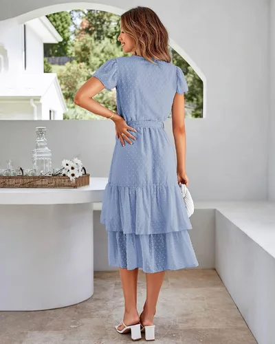 Vista 5 de BTFBM Vestidos casuales con cuello en V para mujer, estilo bohemio, manga corta, gasa, lunares suizos, cinturón y volantes, vestido de fiesta