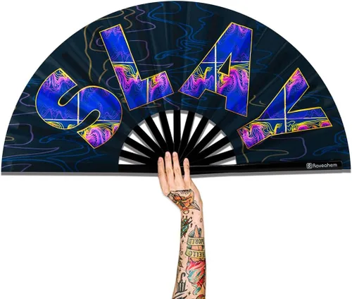 Vista 16 de Abanico para rave con brillo ultravioleta, abanico de mano plegable de bambú para hombres y mujeres (psicodélico espacial, mediano de 11 pulgadas)