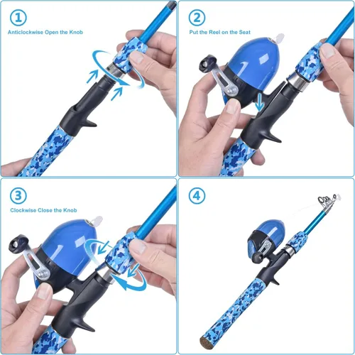 Vista 3 de LEOFISHING Juego de caña de pescar para niños con kits completos de iniciación, caña de pescar telescópica portátil y carrete Spincast con una red