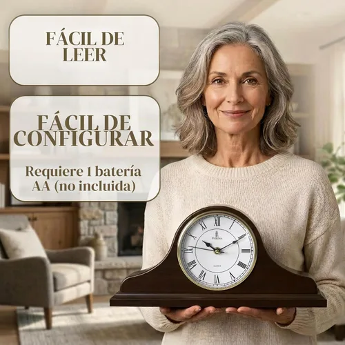 Vista 6 de Reloj de Repisa a Batería - Reloj de Repisa de Madera - 15x7.5 pulgadas - Silencioso, Hecho de Madera Real y Fácil de Leer - para Decoración de Sala
