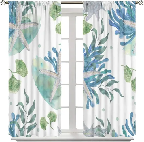 Vista 12 de Cortinas de decoración de playa con océano azul, peces náuticos costeros playeros de verano, conchas marinas, temática infantil, dormitorio, sala