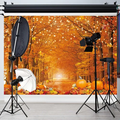 Vista 2 de Telón de fondo de fotos de poliéster de 7 x 5 pies para fotografía de otoño, bosque, paisaje, hojas de arce, calabazas, fondo, otoño, día de Acción