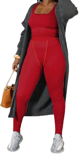 Vista 4 de JTWF Conjunto de entrenamiento casual de 2 piezas para mujer, camiseta sin mangas acanalada, cintura alta, leggings de yoga, ropa deportiva