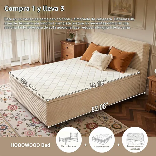 Vista 2 de Base de cama matrimonial sin hueso con cabecera de colchón, cama sin Beige