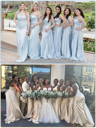 Vista 5 de Alikey Vestidos largos de dama de honor de sirena con un hombro descubierto, vestidos de fiesta de satén 2024 para mujer, vestidos de invitados
