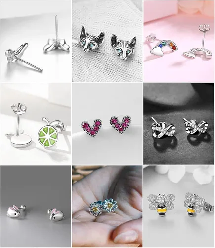 Vista 8 de Juego de 20 pares de aretes de ópalo de acero inoxidable para mujeres y niñas, animales arco iris, mariquita, abeja, mariposa, gato, serpiente