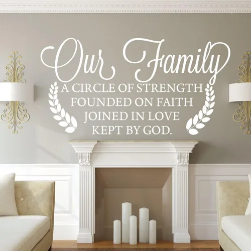Vista 7 de Decoración de pared familiar – Nuestra familia un círculo de fuerza fundado en la fe unido en el amor mantenido por Dios – Decoración de vinilo