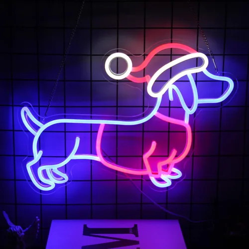 Vista 3 de Letrero de neón de perro salchicha con sombrero de Navidad, letrero LED de neón de perro salchicha, luces de neón de perro salchicha