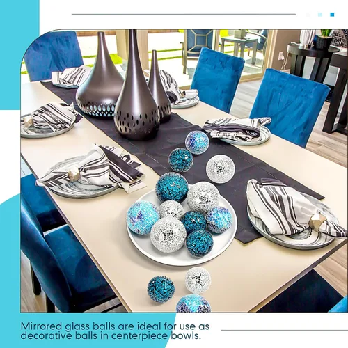 Vista 5 de Umigy Juego de 18 bolas decorativas de orbes de mosaico, centro de mesa de 3.2/2.4 pulgadas, bolas de esfera de vidrio de espejo, bola sólida