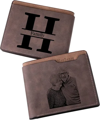 Vista 32 de INBLUE Billetera plegable grabada personalizada, cartera de cuero personalizada con foto y texto grabado, regalos para hombres, marido, papá, hijo