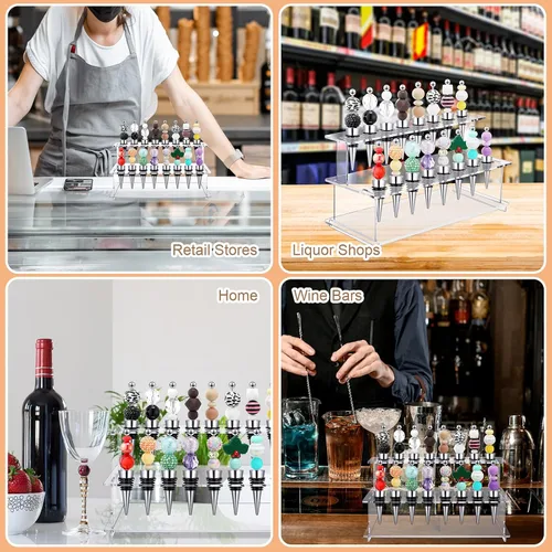 Vista 6 de Menkxi 2 tapones para botellas de vino, escaleras, 16 ranuras, acrílico transparente, 2 niveles, soporte para tapón de vino, soporte de exhibición