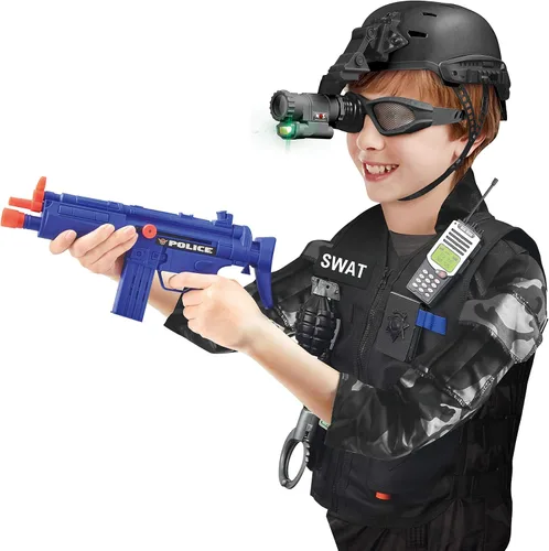 Vista 5 de Disfraz policial de SWAT de policía de lujo disfraz con casco monóculo de visión nocturna pistolas accesorios 12piezas negro