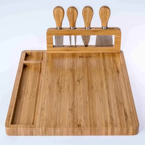 Vista 8 de Juego de tabla de queso de bambú y cuchillos de 14 x 11 pulgadas – Tabla de cortar queso de madera, bandeja de servir, juego de tabla de embutidos
