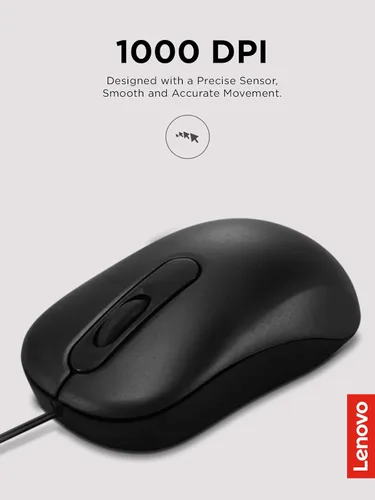 Vista 2 de Lenovo 100 Ratón con cable USB para PC, portátil, ordenador con Windows - Tamaño completo - Diseño ambidiestro - 3 botones - Sensor óptico rojo