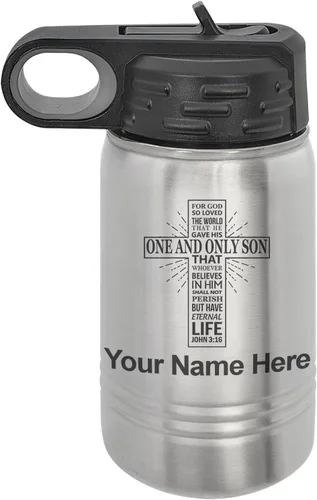 Vista 42 de LaserGram Botella de agua personalizada, versículo bíblico John 3-16, acero inoxidable de doble pared aislada al vacío con popote superior, regalo