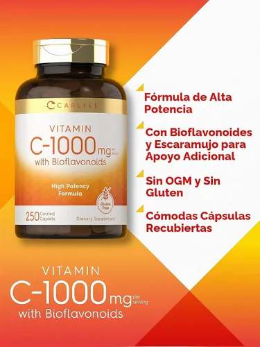 Vista 4 de Carlyle Vitamina C 1000mg con Bioflavonoides 250 Comprimidos con Escaramujo Suplemento Vegetariano, Sin OMG, Sin Gluten