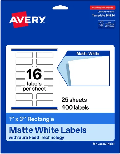 Vista 10 de Avery® Etiquetas rectangulares blancas mate, tecnología Sure Feed®, 1 "x 3", 1,600 etiquetas imprimibles en blanco mate