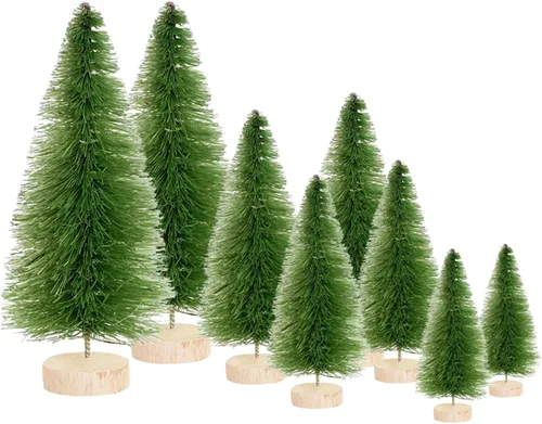 Vista 11 de 8 piezas de mini árbol de Navidad, árboles de Navidad en miniatura con base de madera, árboles de cepillo de botella dorados, árbol de Navidad