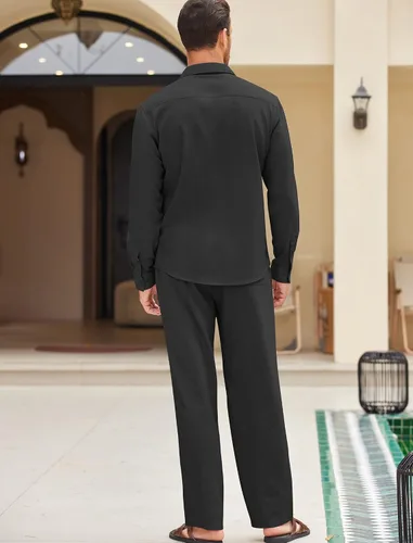 Vista 3 de COOFANDY Conjunto de 2 piezas de lino para hombre, camisa de manga larga con botones y pantalones sueltos, conjuntos de vacaciones en la playa