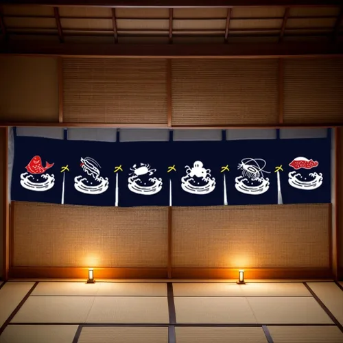 Vista 5 de Noren (cortina japonesa) pulpo camarón puerta puerta cortina larga para decoración de bar de sushi japonés 40 × 70.9 in