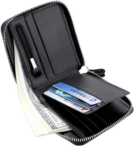 Vista 4 de Cartera de cuero con cremallera para hombre, con bloqueo RFID, con cremallera alrededor de la cartera, plegable, con múltiples tarjeteros