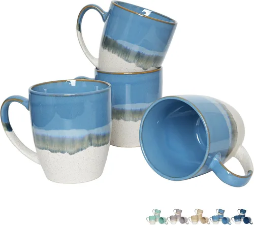 Vista 8 de Bosmarlin Juego de 4 tazas de café de cerámica, 17 oz, tazas de café con asa grande, aptas para microondas, esmalte reactivo único Marrón Gris