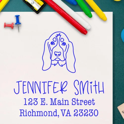 Vista 3 de Sello de dirección personalizado Basset Hound – Sello personalizable con nombre y dirección para sobres, ideal para amantes de los perros