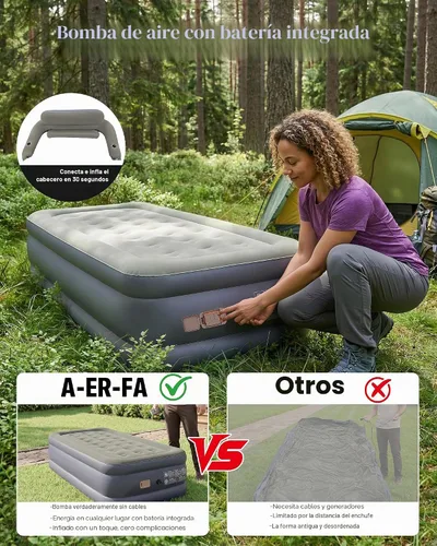 Vista 2 de A-ER-FA - Colchón de aire individual integrado de 20 pulgadas, colchón inflable elevado cómodo con cabecera y portavasos, cama de aire de inflado