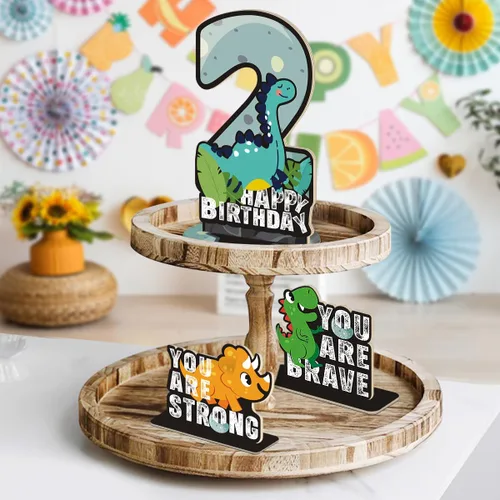 Vista 6 de Juego de 3 piezas de dinosaurios con signo de número de 2º cumpleaños, decoración de mesa de dinosaurios para niños y niños de 2º cumpleaños
