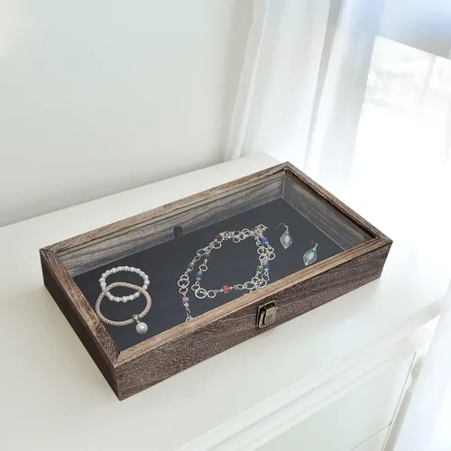 Vista 8 de MOOCA Vitrina de madera con tapa de cristal, vitrina de cuchillo de bolsillo con almohadilla de exhibición de joyería de terciopelo MDF de lujo