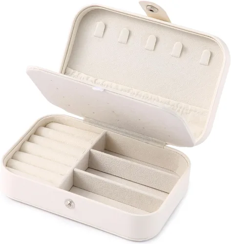 Vista 7 de Joyero de viaje, organizador de joyas pequeño de piel sintética para mujeres y niñas, mini estuche de viaje portátil de doble capa para guardar